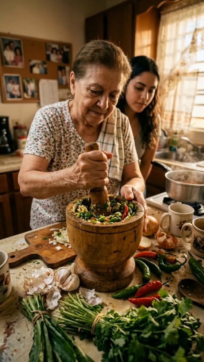 A grandmother and young woman cooking together with a wooden mortar and pestle