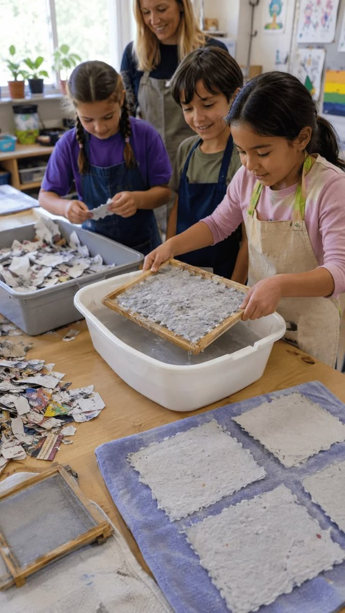 Children making recycled paper with their teacher